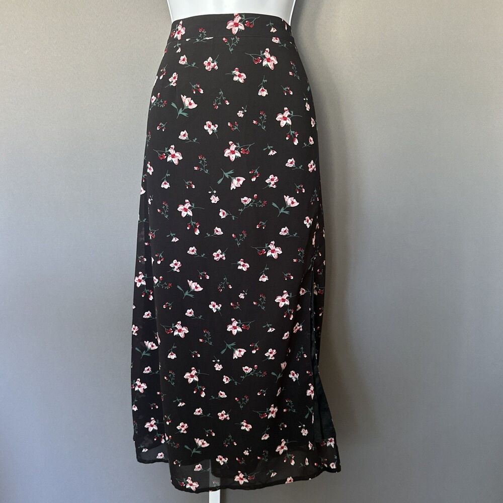 Y2K Nasty Gal Floral Slip Skirt Women's 12 Black Pink Floral Lined Retro Midi